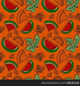 Watermelon seamless pattern. Hand drawn fresh tropical berry. Multicolored vector sketch background. Colorful doodle wallpaper. Red, orange and green print