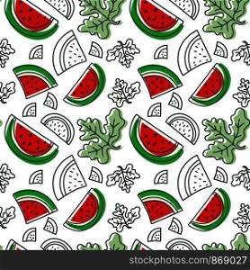 Watermelon seamless pattern. Hand drawn fresh tropical berry. Multicolored vector sketch background. Colorful doodle wallpaper. Red and green print