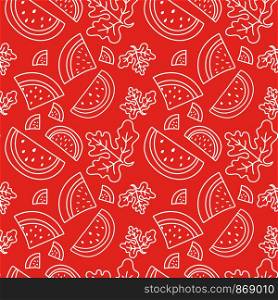 Watermelon seamless pattern. Hand drawn fresh tropical berry. Vector sketch background. Color doodle wallpaper. Red and white print