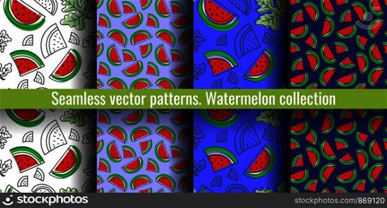 Watermelon seamless pattern set. Juicy berry collection. Hand drawn color vector sketch background. Colorful doodle wallpaper. Summer print