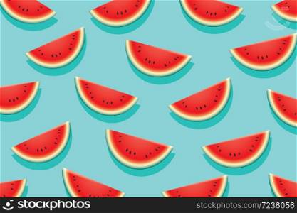 Watermelon slice on blue background. Summer time design banner.