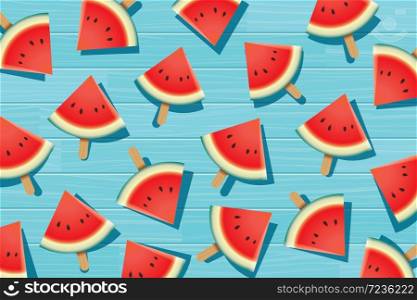 Watermelon slice on blue wooden. Summer time background banner.