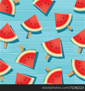Watermelon slice on blue wooden. Summer time background banner.