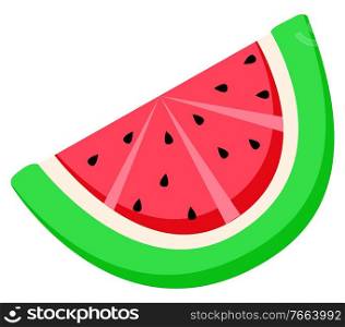 Watermelon slice vector, isolated natural food refreshing in summer flat style. Sweet lush product with seeds, watery berry growing in summer, icon of cut tropical organic meal detox snack sticker. Watermelon Slice, Fruit with Seeds, Summer Berry