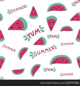 Watermelon slices seamless pattern, summer pattern with yum-yum lettering.. Watermelon slices seamless pattern, summer pattern with yum-yum lettering
