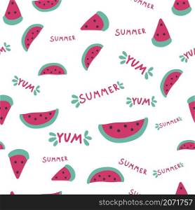Watermelon slices seamless pattern, summer pattern with yum-yum lettering.. Watermelon slices seamless pattern, summer pattern with yum-yum lettering