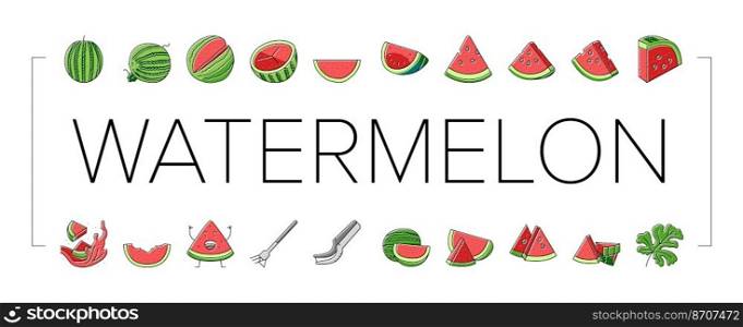 watermelon summer fruit slice icons set vector. melon red food, water juice, green fresh sweet, pink juicy, tropical seed watermelon summer fruit slice color line illustrations. watermelon summer fruit slice icons set vector
