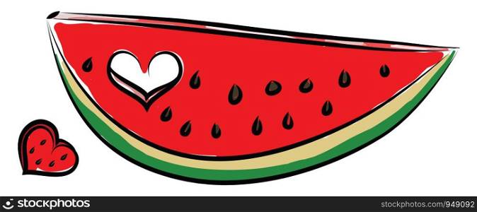 Watermelon with a heart shaped cut out from it, vector, color drawing or illustration.