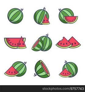 Watermelons and slices icon set vector sign and symbol on trendy design for design and print.