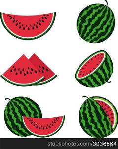 Watermelons and watermelon slices flat cartoon vector set. Watermelons and watermelon slices flat cartoon vector set. fFesh and sweet fruit organic illustration