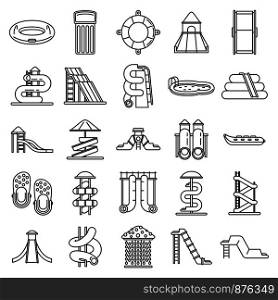Waterpark icons set. Outline set of waterpark vector icons for web design isolated on white background. Waterpark icons set, outline style