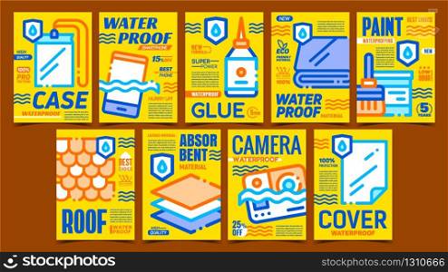 Waterproof Creative Advertising Posters Set Vector. Waterproof Camera And Mobile Phone, Protective Layers And Roof, Cover And Pouch, Glue And Paint. Concept Template Stylish Color Illustrations. Waterproof Creative Advertising Posters Set Vector