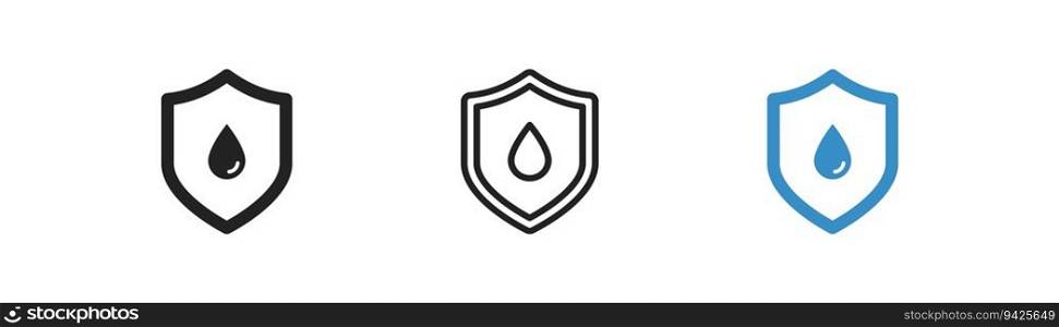 Waterproof icon on light background. Blue water drop with shield. Hydrophobic concept. Water resistant. Safety, protection symbol. Flat design. Vector illustration. Waterproof icon on light background. Blue water drop with shield. Hydrophobic concept. Water resistant. Safety, protection symbol. Flat design. Vector illustration.