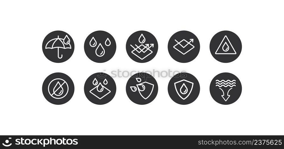 Waterproof related icon set. Protective fabric illustration symbol. Sign label cloth vector desing.