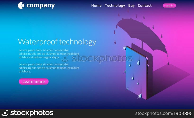 Waterproof smartphone website template with isometric phone under umbrella on blue background. Copy space for hot offer with button and top menu. Vector illustration.