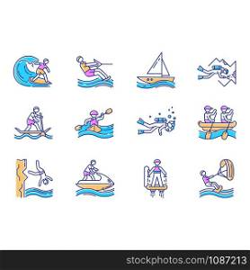 Watersports color icons set. Cave diving, kiteboarding, flyboarding and jet skiing. Cliff jumping and paddle surfing. Watercraft and extreme kinds of sport. Isolated vector illustrations