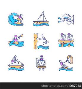 Watersports color icons set. Cave diving, surfing, flyboarding and sailing. Cliff diving, kayaking and windsurfing. Extreme kinds of sports. Summer beach activities. Isolated vector illustrations