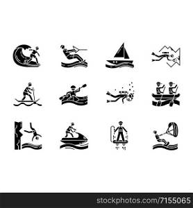 Watersports glyph icons set. Silhouette symbols.Cave diving, kiteboarding, flyboarding and jet skiing. Cliff jumping and paddle surfing. Extreme kinds of sport. Vector isolated illustration