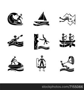 Watersports glyph icons set. Silhouette symbols. Cave diving, surfing, flyboarding and sailing. Cliff diving, kayaking and windsurfing. Extreme kinds of sports. Vector isolated illustration