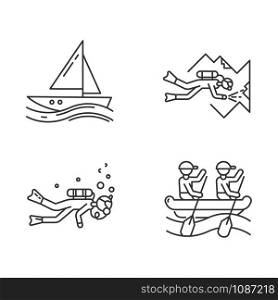 Watersports linear icons set. . Cave diving, sailing and rafting. Extreme kinds of sport. Summer activities .Thin line contour symbols. Isolated vector outline illustrations. Editable stroke