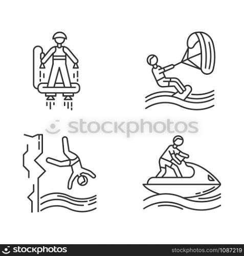 Watersports linear icons set. Flyboarding, kiteboarding, cliff diving and jetskiing. Extreme kinds of sport. Thin line contour symbols. Isolated vector outline illustrations. Editable stroke