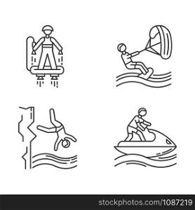 Watersports linear icons set. Flyboarding, kiteboarding, cliff diving and jetskiing. Extreme kinds of sport. Thin line contour symbols. Isolated vector outline illustrations. Editable stroke