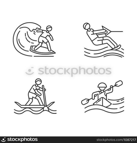 Watersports linear icons set. Surfing, water skiing, rafting and sup boarding. Extreme kinds of sports.Thin line contour symbols. Isolated vector outline illustrations. Editable stroke