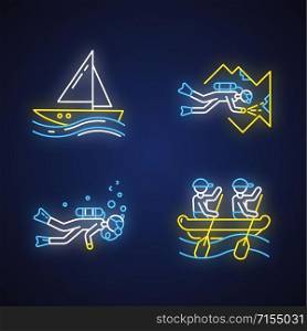 Watersports neon light icons set. Cave diving, sailing and rafting. Extreme kinds of sport. Summer vacation, adventure and hobby, beach activities. Glowing signs. Vector isolated illustrations