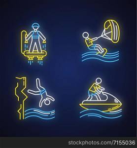 Watersports neon light icons set. Flyboarding, kiteboarding, cliff diving and jetskiing. Extreme kinds of sport. Summer vacation adventure. Glowing signs. Vector isolated illustrations