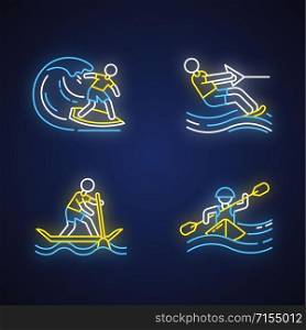 Watersports neon light icons set. Surfing, water skiing, rafting and sup boarding. Extreme kinds of sports. Summer vacation leisure, adventures. Glowing signs. Vector isolated illustrations