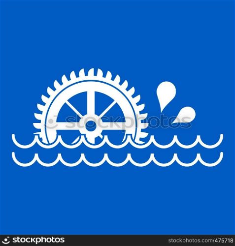 Waterwheel icon white isolated on blue background vector illustration. Waterwheel icon white