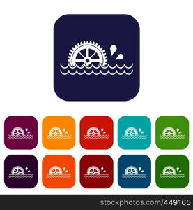 Waterwheel icons set vector illustration in flat style In colors red, blue, green and other. Waterwheel icons set flat