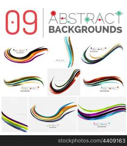 Wave abstract background collection - color lines with light effects. Modern elegant motion concept, smooth wavy shape. Presentation banner and identity business card message design template set