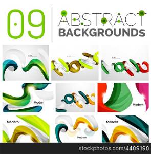 Wave abstract background collection - color lines with light effects. Modern elegant motion concept, smooth wavy shape. Presentation banner and identity business card message design template set