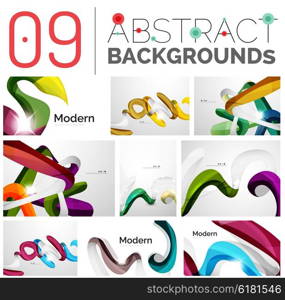 Wave abstract background collection - color lines with light effects. Modern elegant motion concept, smooth wavy shape. Presentation banner and identity business card message design template set