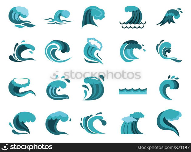 Wave icon set. Flat set of wave vector icons for web design isolated on white background. Wave icon set, flat style
