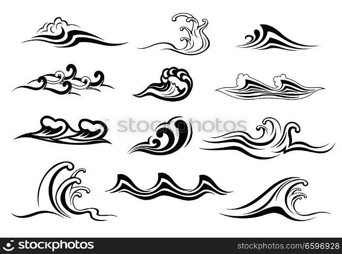Wave icon set with water swirl of sea or ocean. Black and white curls of water stream, ocean surf or sea storm with splashes and bubble foam for nature, marine travel or summer holiday themes design. Water wave of sea or ocean icon for nature design