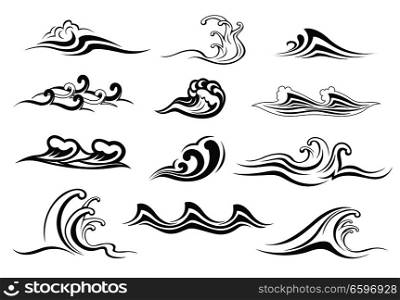 Wave icon set with water swirl of sea or ocean. Black and white curls of water stream, ocean surf or sea storm with splashes and bubble foam for nature, marine travel or summer holiday themes design. Water wave of sea or ocean icon for nature design