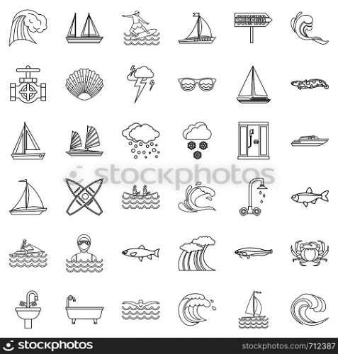 Wave icons set. Outline style of 36 wave vector icons for web isolated on white background. Wave icons set, outline style
