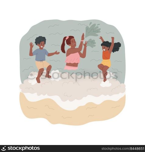 Wave jumping isolated cartoon vector illustration. Kids jumping in the surf, having fun with waves, beach time, summer vacation, parents splashing children, swimming in the sea vector cartoon.. Wave jumping isolated cartoon vector illustration.