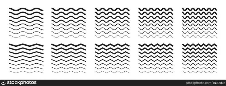 Wave line and wavy zigzag lines. Black underlines wavy curve zig zag line pattern in abstract style. Geometric decoration element. Vector illustration.. Wave line and wavy zigzag lines. Black underlines wavy curve zig zag line pattern in abstract style.