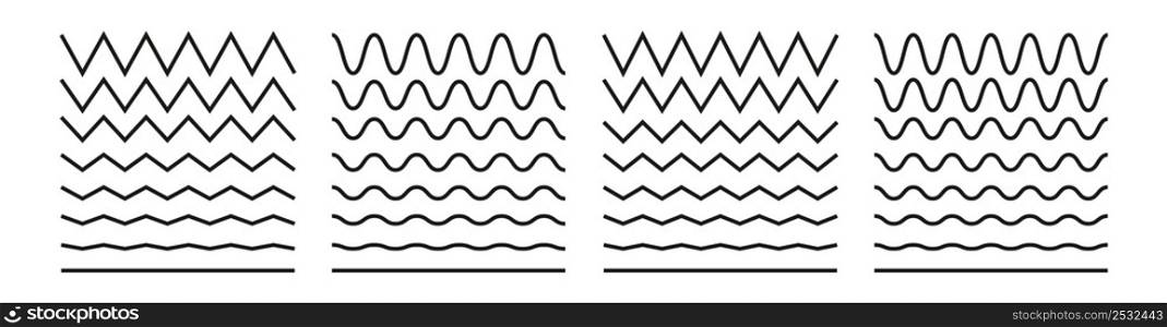 Wave line and wavy zigzag lines. Black underlines wavy curve zig zag line pattern in abstract style. Geometric decoration element. Vector illustration.. Wave line and wavy zigzag lines. Black underlines wavy curve zig zag line pattern in abstract style.