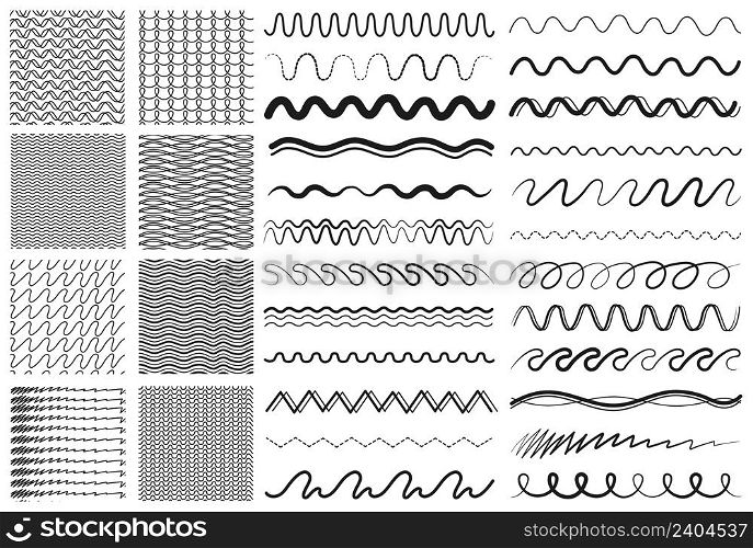 Wave lines. Drawing line, dividers or decorative ornaments. Zigzag seamless pattern collection, diary, cards invitation vector set. Illustration of drawing line border, drawn decoration element. Wave lines. Drawing line, dividers or decorative ornaments. Zigzag seamless pattern collection, elements for diary, cards invitation vector set