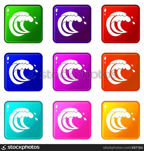 Wave of sea tide icons of 9 color set isolated vector illustration. Wave of sea tide set 9