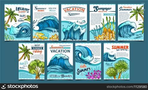 Wave, Palm Trees And Seaweeds Banner Set Vector. Collection Creative Advertising Poster With Green Leaves Plants, Seaweeds And Marine Tides. Summer Vacation Holidays Colorful Template Illustrations. Wave, Palm Trees And Seaweeds Banner Set Vector