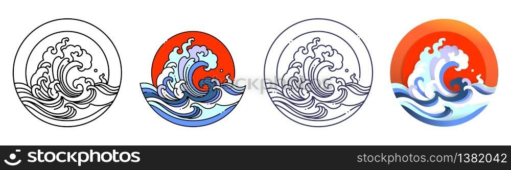 Wave water art vector illustration. Outline, flat, outline color and paper cut design.