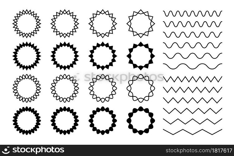 Wave zigzag dividers. Undulating zig zag round frames. Isolated horizontal squiggle wavy lines, black curved serrated borders vector set. Zigzag divider border, pattern parallel curvy illustration. Wave zigzag dividers. Undulating zig zag round frames. Isolated horizontal squiggle wavy lines, black curved serrated borders vector set