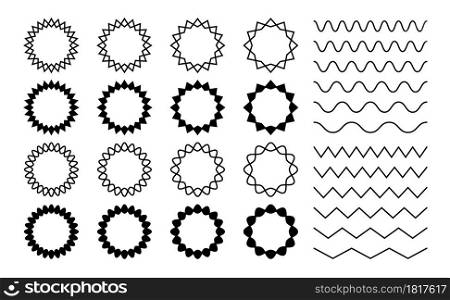 Wave zigzag dividers. Undulating zig zag round frames. Isolated horizontal squiggle wavy lines, black curved serrated borders vector set. Zigzag divider border, pattern parallel curvy illustration. Wave zigzag dividers. Undulating zig zag round frames. Isolated horizontal squiggle wavy lines, black curved serrated borders vector set