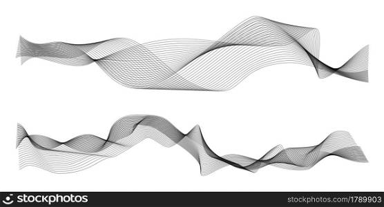 Waves abstract. Graphic line sonic or sound wave elements. Black curve lines dynamic forms, smoke or water backdrop, horizontal background, wallpaper or poster design vector isolated on white set. Waves abstract. Graphic line sonic or sound wave elements. Black curve lines dynamic forms, smoke or water backdrop, horizontal background, wallpaper design vector isolated on white set