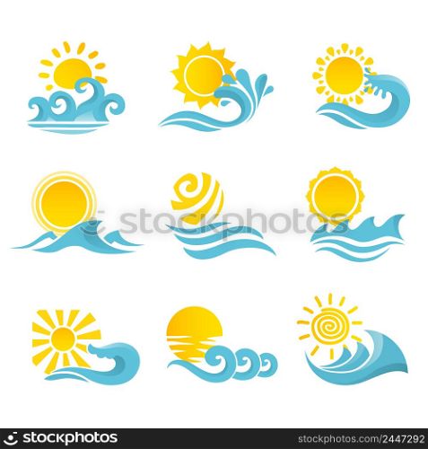 Waves flowing water sea ocean icons set with sun isolated vector illustration